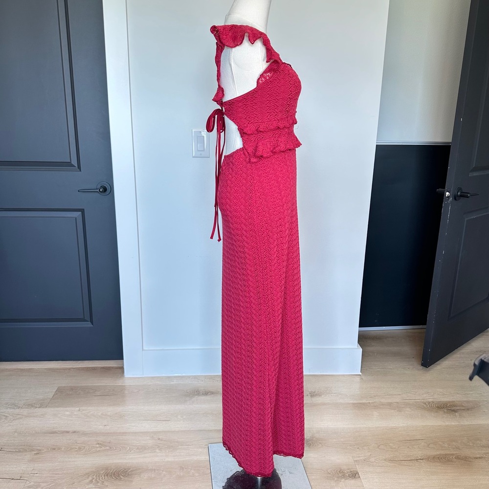 Red Lace Column Maxi Dress Cutout Peplum Ruffled Sleeves Romantic Feminine Sz L - Picture 4 of 9